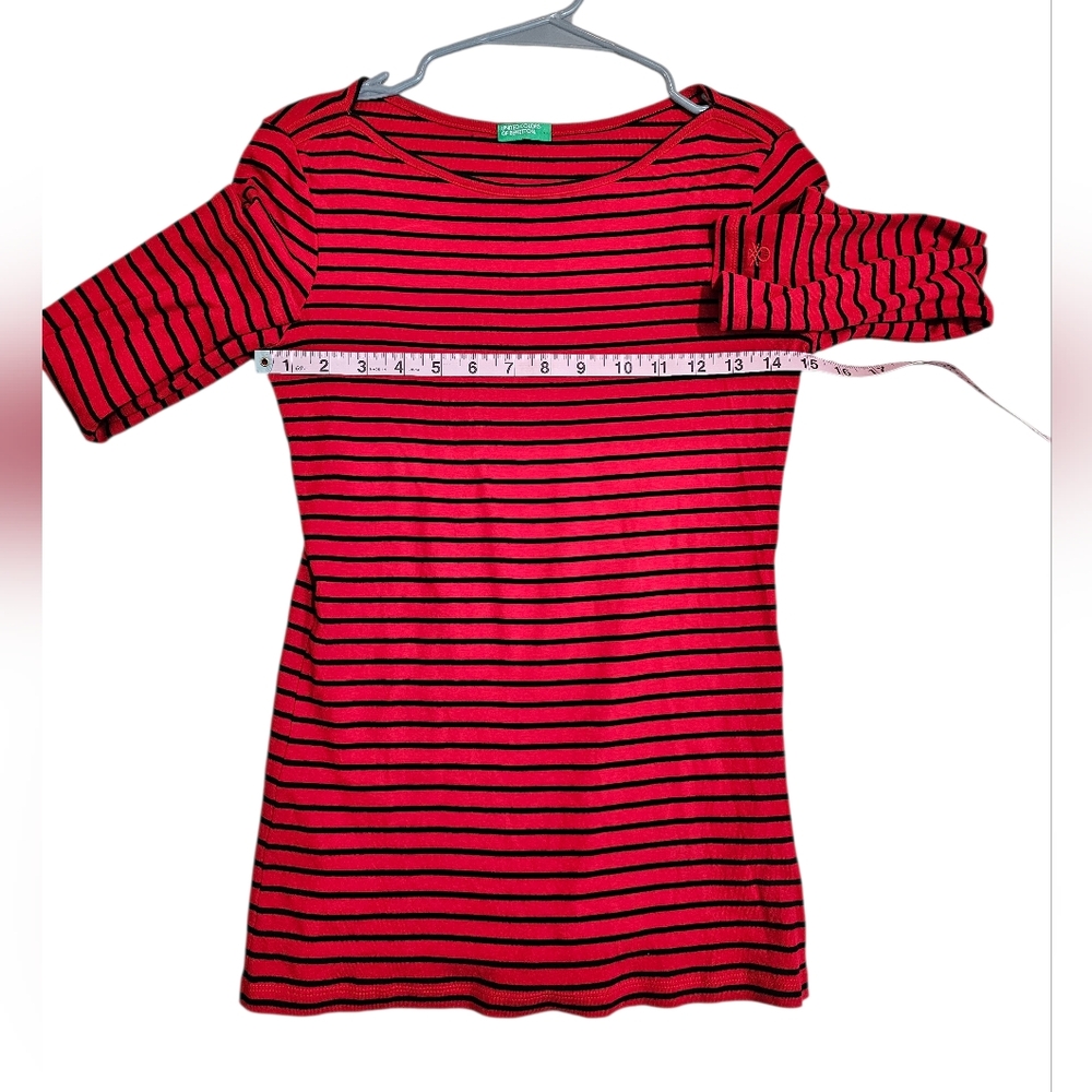 United Colors of Benetton Women S Red Black Striped Cotton Top Archival Rare - Picture 7 of 8